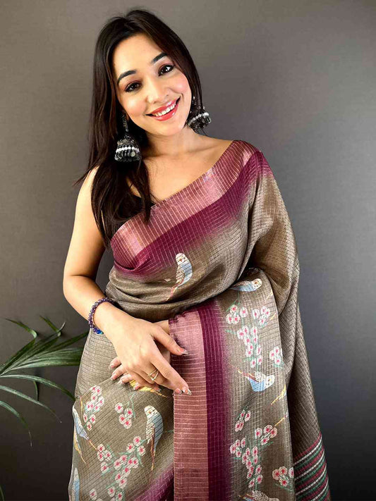 Brown Chanderi Check Sparrow Print Saree by My Store