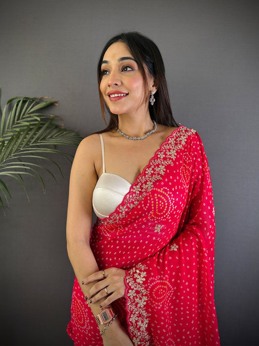 Radiant Pink Soft Georgette Bandhej Print Saree by My Store