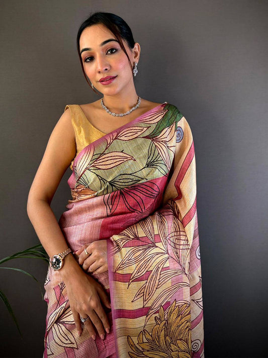 Burgundy Tussar Silk Floral Prints Saree by My Store
