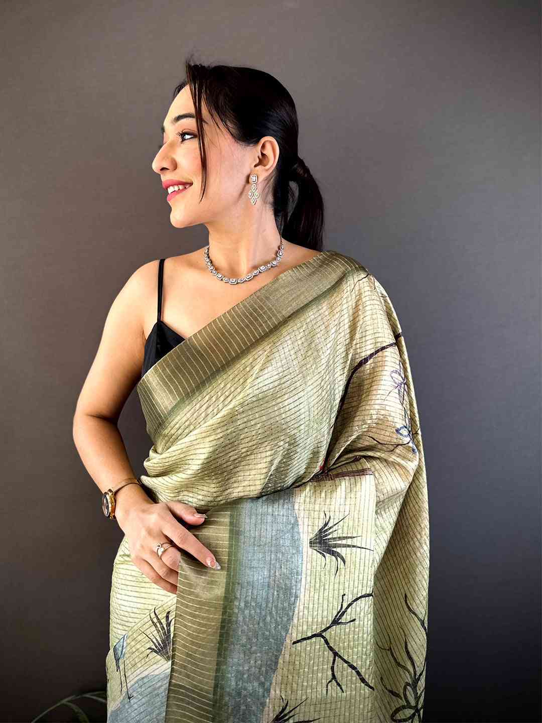 Sage Green Tussar Chex Japanese Print Saree