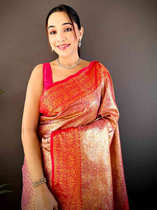 Gold Zari Floral Saree in Pink by My Store