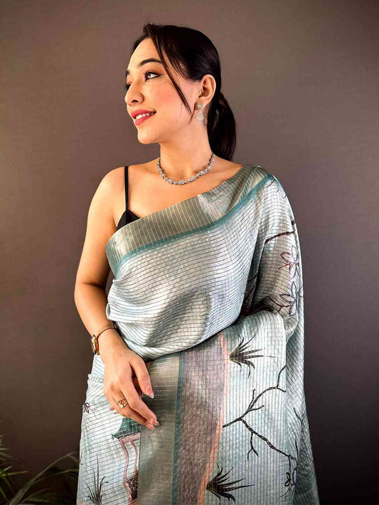 Powder Blue Tussar Chex Japanese Print Saree by My Store