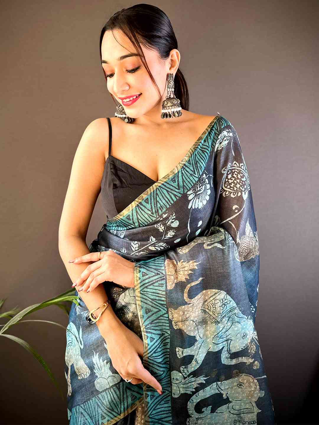Navy Kalamkari Block Print Chanderi Saree by My Store