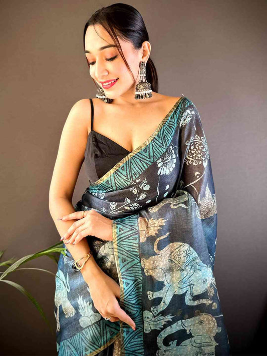 Navy Kalamkari Block Print Chanderi Saree by My Store