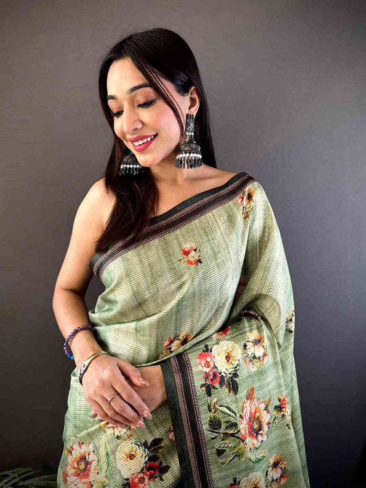 Floral Beauty in Light Green Tussar Zari Saree by My Store
