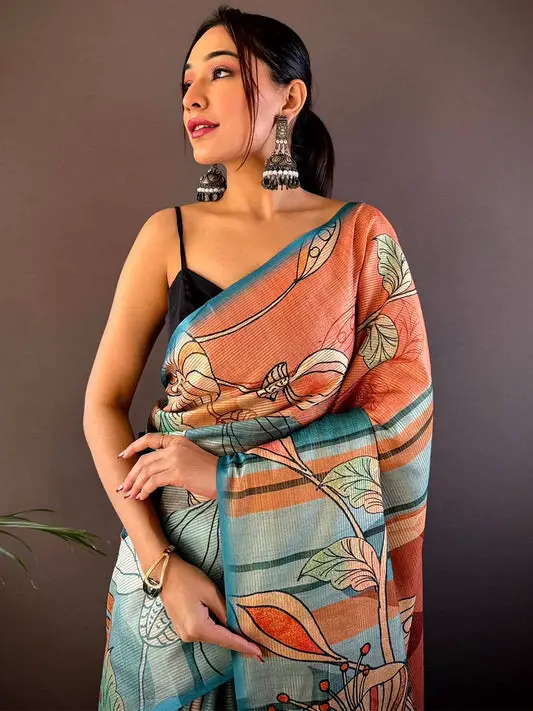 Teal Zari Tussar Printed Saree