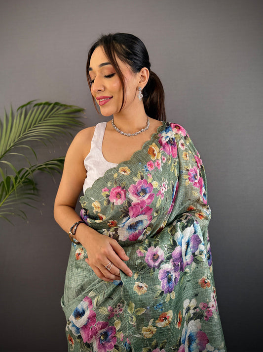 Sage Green Kota Doriya Floral Cut Work Saree by My Store