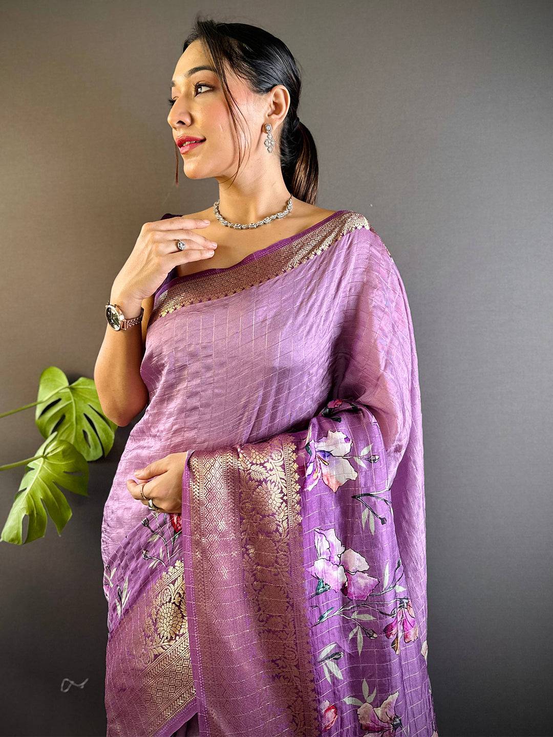 Lavender Floral Zari Chex Saree by My Store