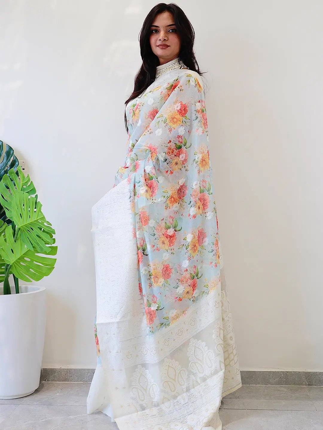 Multi Colour Digital Print Bollywood Saree in Lakhnavi Slub Pattern by My Store