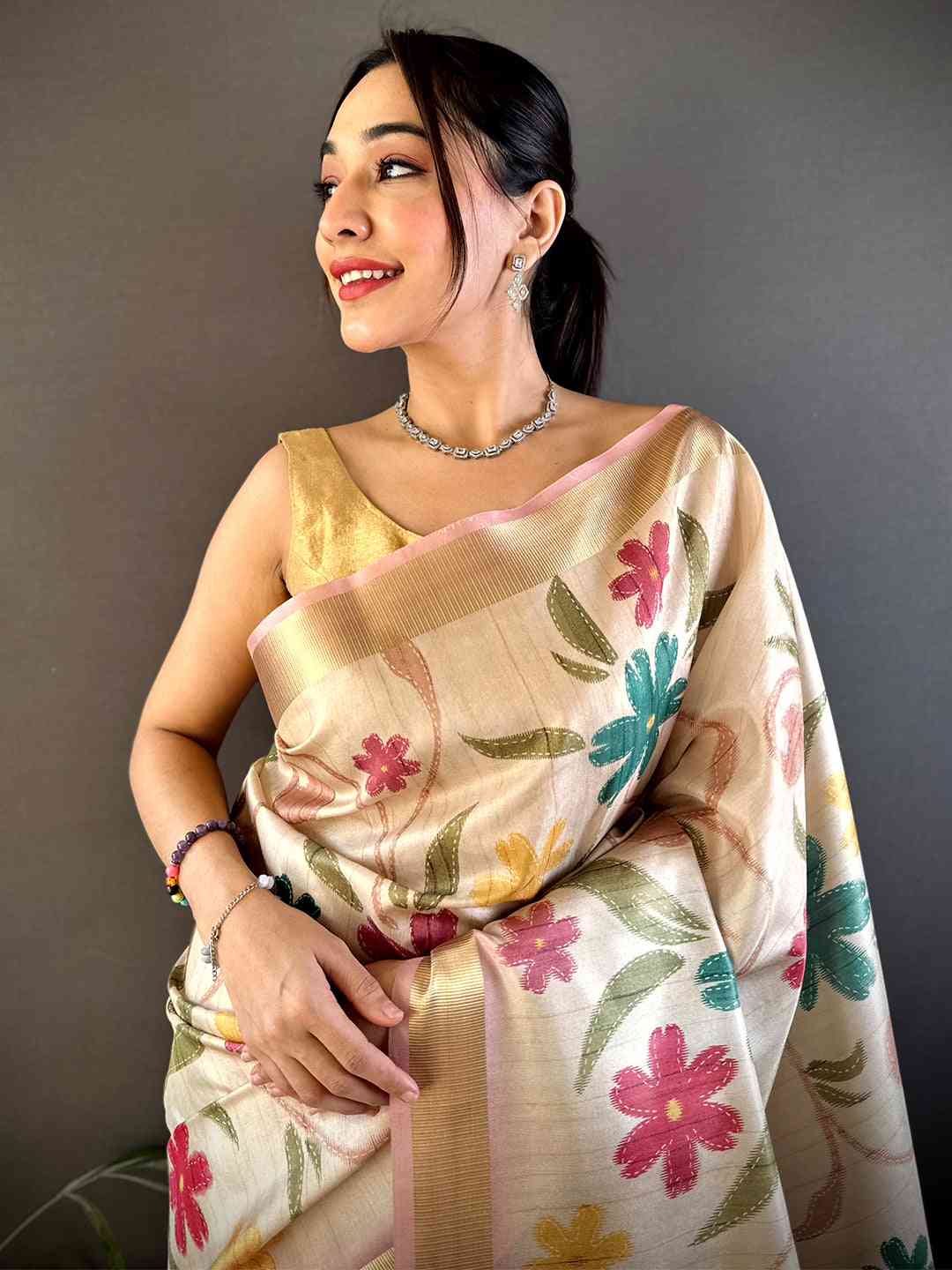 Light Cream Soft Silk Tissue Floral Print Saree by My Store