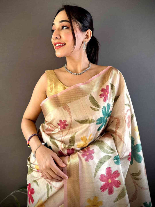 Light Cream Soft Silk Tissue Floral Print Saree by My Store