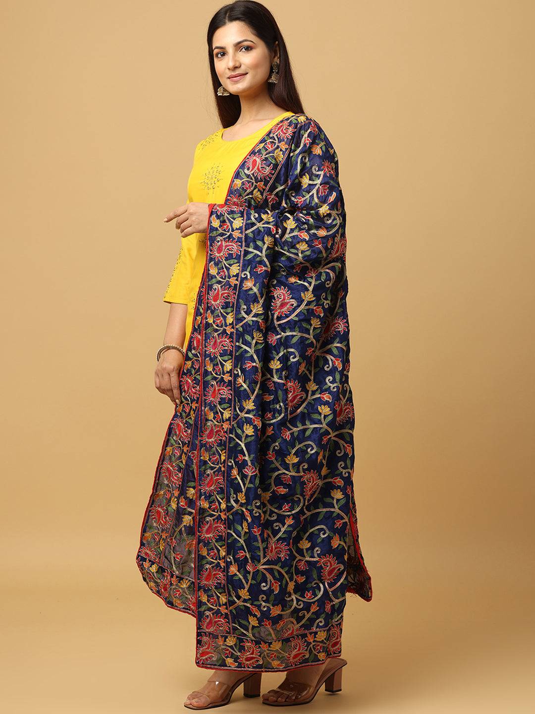 Beautiful Navy  Poly Chiffon Pashmina Threadwork Dupatta
