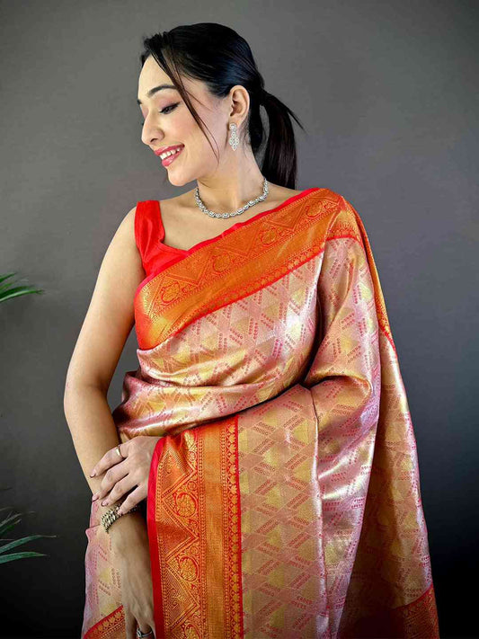 Red Golden Geometrics With Floral Elegance Saree by My Store