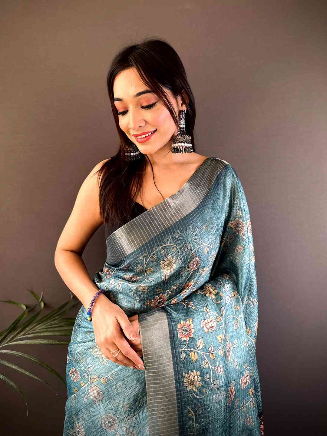 Teal Blue Gold Zari Chanderi Phulkari Floral Saree by My Store