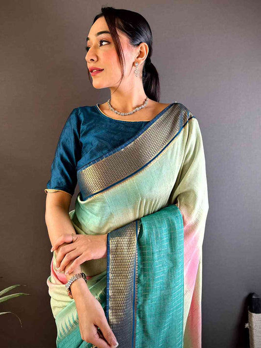 Radiant Cotton Viscose Zari Check Ombre Saree by My Store