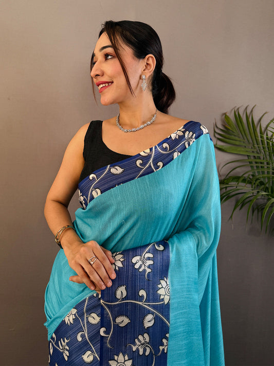 Sky Blue Linen Kalamkari Print Saree by My Store