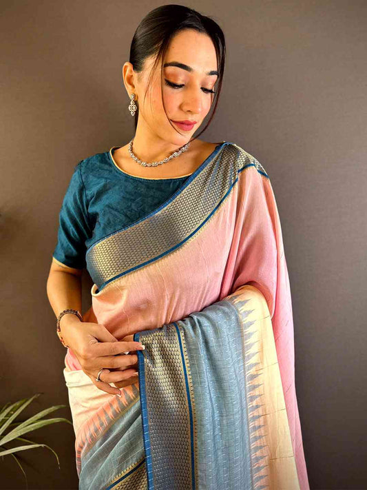 Radiance Cotton Viscose Zari Check Ombre Saree by My Store
