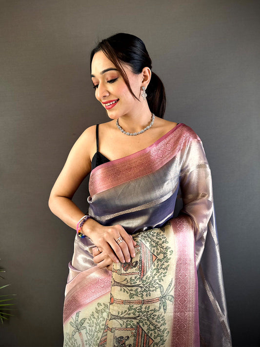 Pink Tissue Madhubani Print Saree by My Store