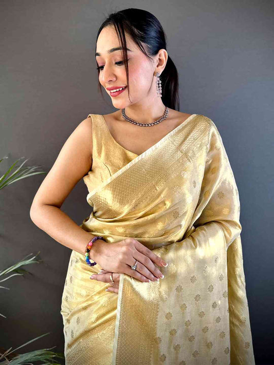 Elegant Gold Zari Glass Tissue Saree by My Store