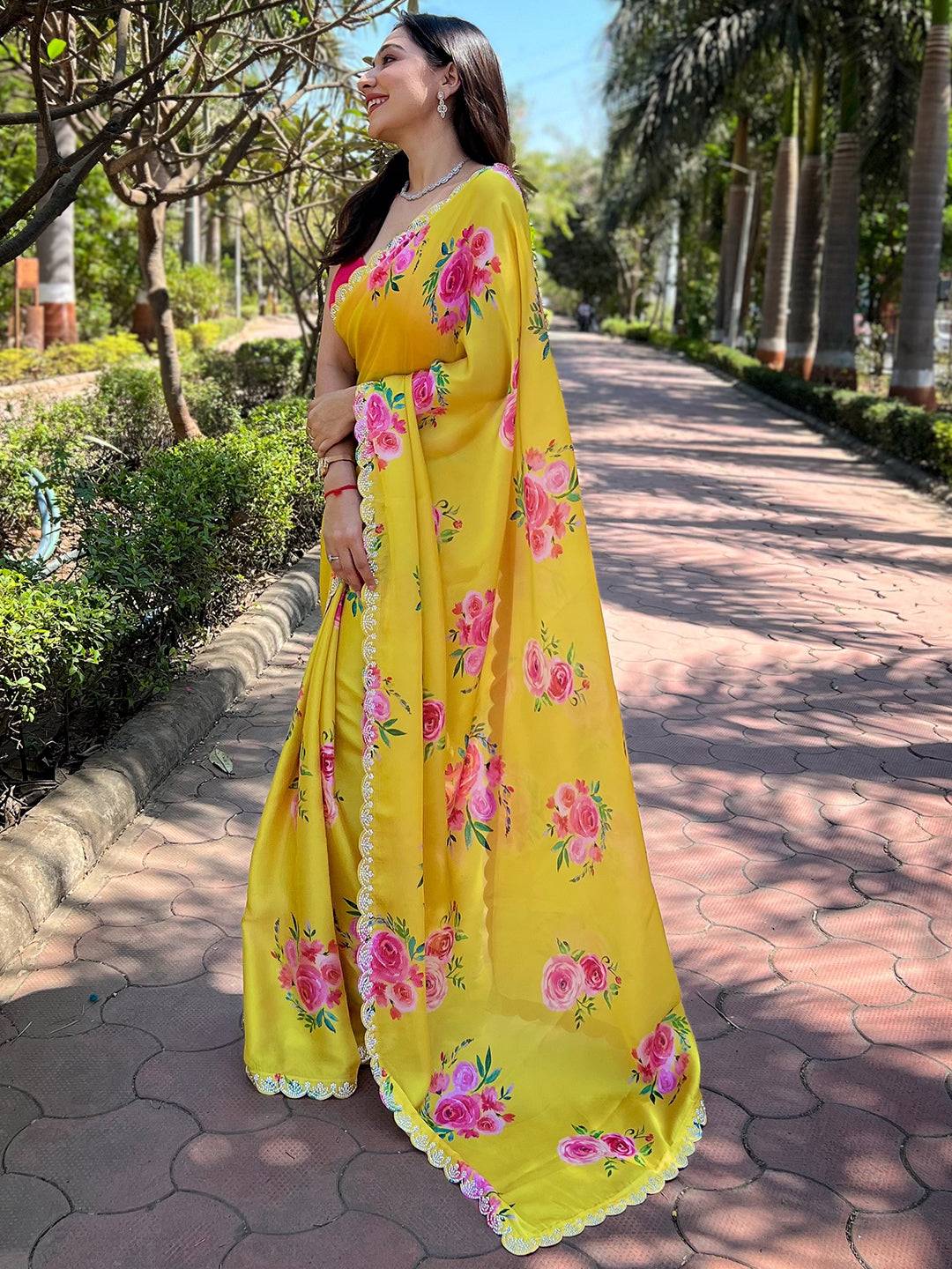 Yellow Pure Satin Georgette with Zircon Swarovski Border Saree