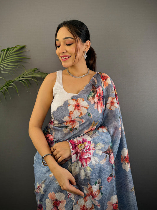 Dusty Blue Kota Floral Digital Cut Work Saree by My Store