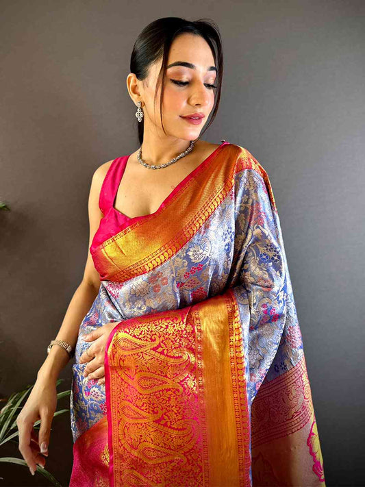 Royal Blue Dharmavaram Silk Floral Saree by My Store