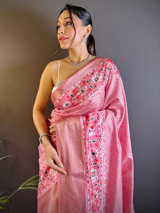 Rose Pink Zig Zag Kalamkari Kanchi Silk Saree by My Store