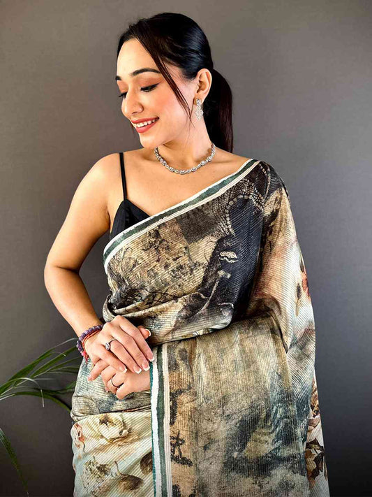 Green Gold Zari Tussar Batik Print Saree by My Store
