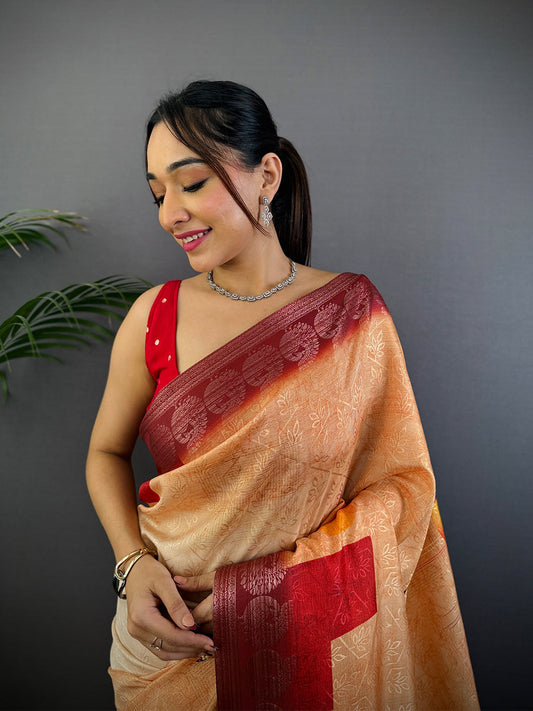 Ochre Digital Print Soft Dola Silk Saree by My Store