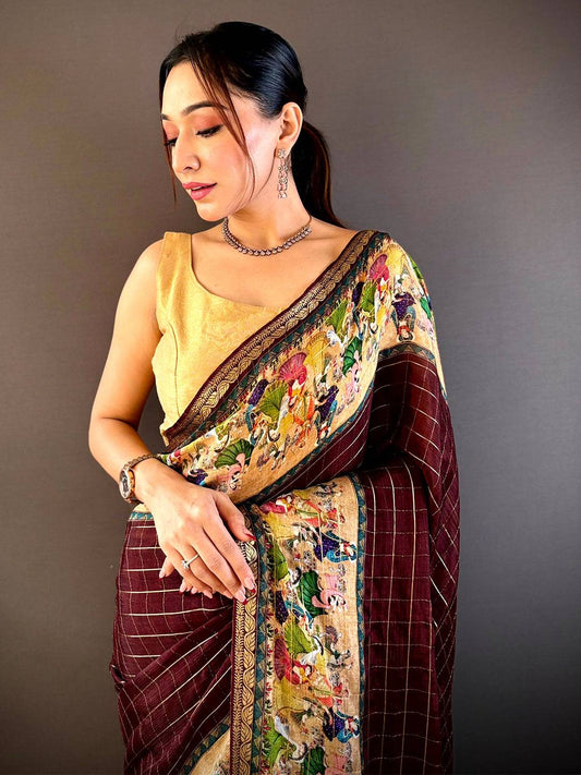 Brown Chinnon Chiffon Kalamkari Saree by My Store