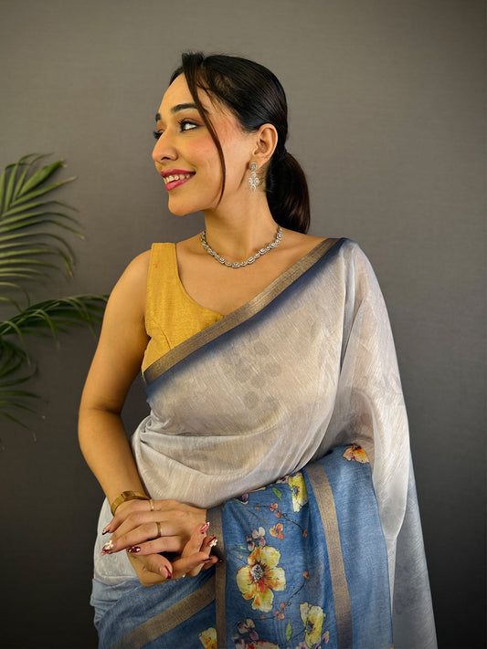 Denim Blue Linen Chanderi Floral Print Saree by My Store
