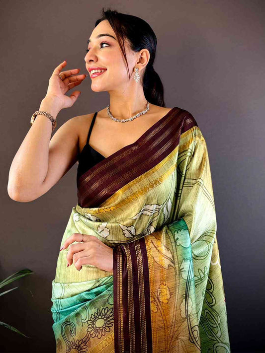 Light Green Soft Silk Abstract Geometric Saree by My Store