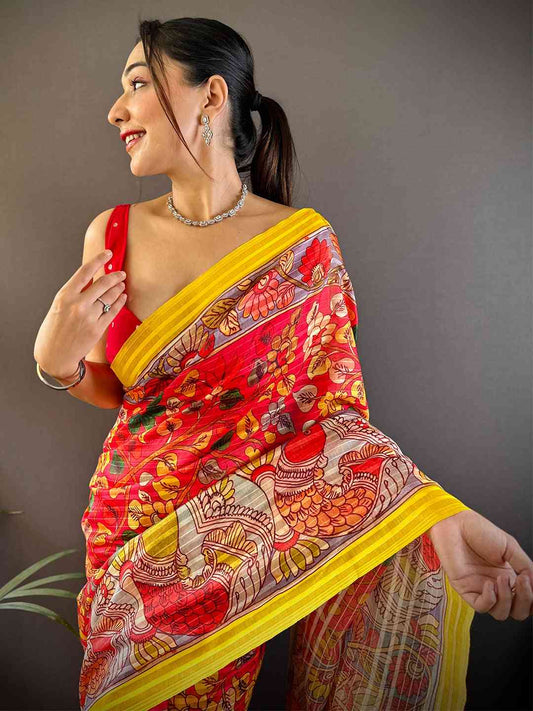 Rose Red Pen Kalamkari Linen Saree by My Store