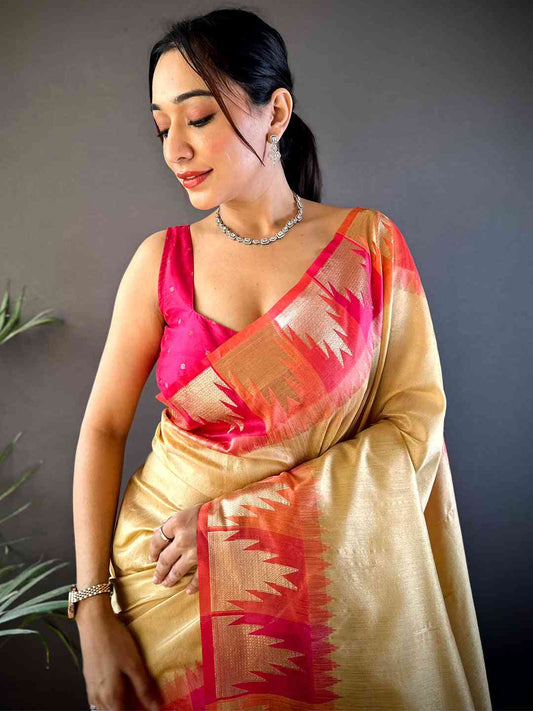 Cream Banarasi Raw Silk Ikkat Saree by My Store