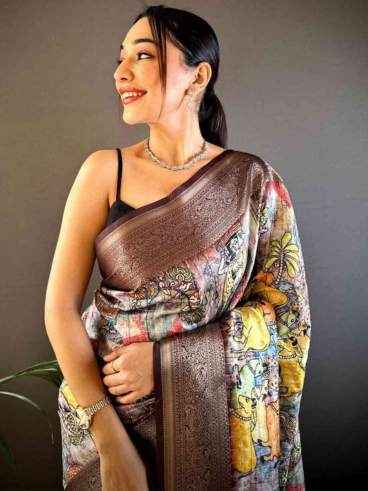 Brown Soft Silk Gold Zari Kalamkari Chex Saree by My Store
