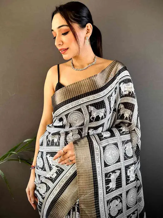 Black Tussar Chex Digital Kalamkari Print Saree