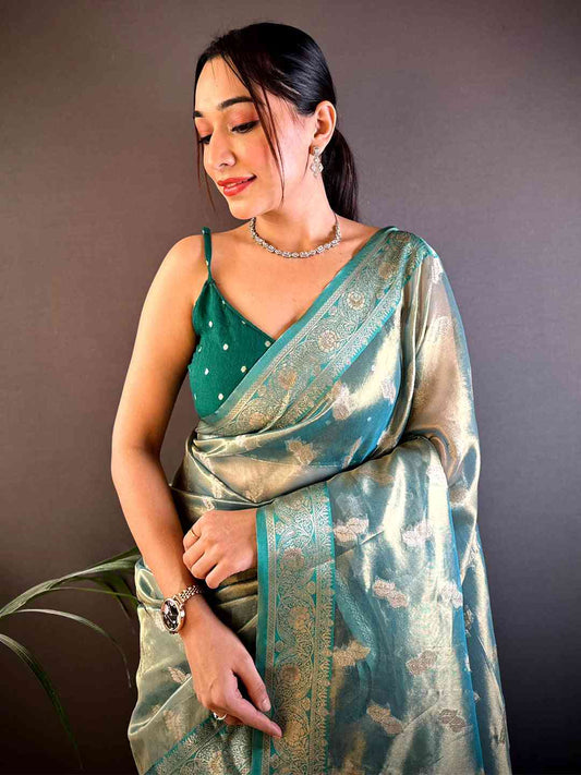 Elegant Teal Kora Tissue Saree by My Store