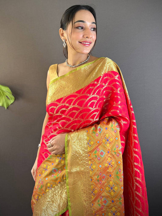 Red Katan Silk Ikkat Saree by My Store