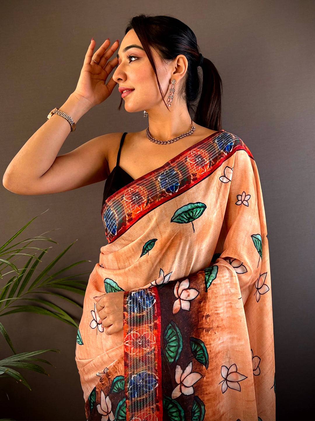Orange Georgette Pichwai Print Saree by My Store