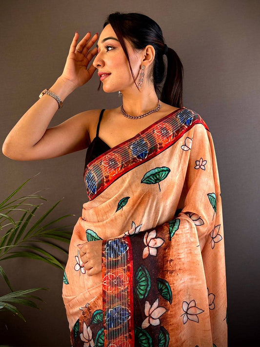 Orange Georgette Pichwai Print Saree by My Store