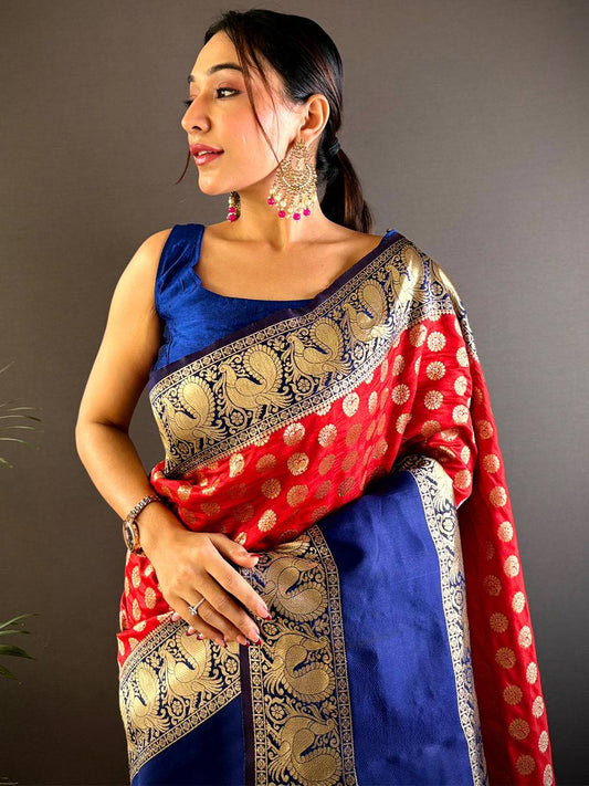 Red Banarasi Silk Saree With Pattu Zari Border by My Store