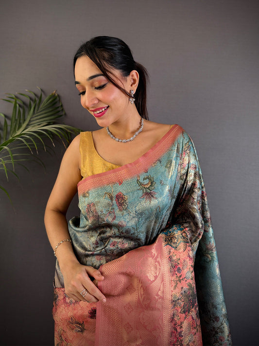 Regal Blue Kanjivaram Silk Digital Print Saree by My Store