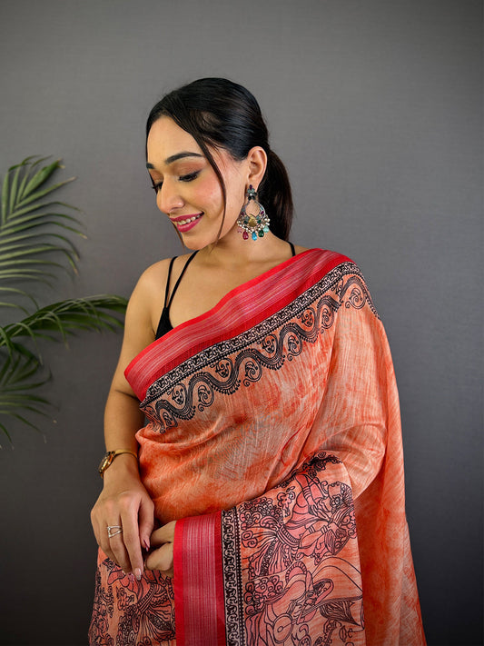 Red Linen Kalamkari Printed Saree by My Store