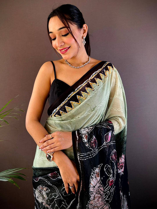 Green Georgette Batik Printed Saree by My Store