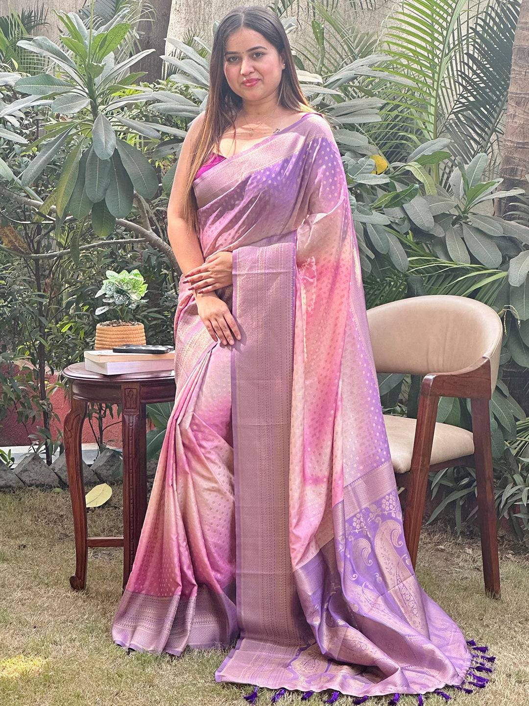 Violet Soft Silk Banarasi Ombre Print Saree