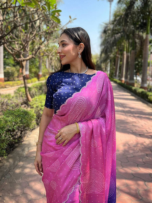 Pink Georgette Silk Saree with Ombre Bandhej Print & Swaroski Stone Work by My Store