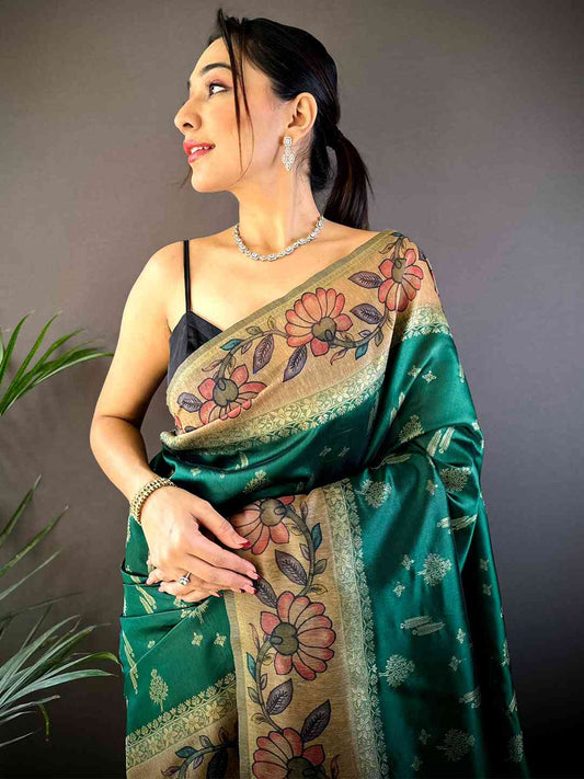 Green Soft Silk Kalamkari Printed Pallu Saree by My Store