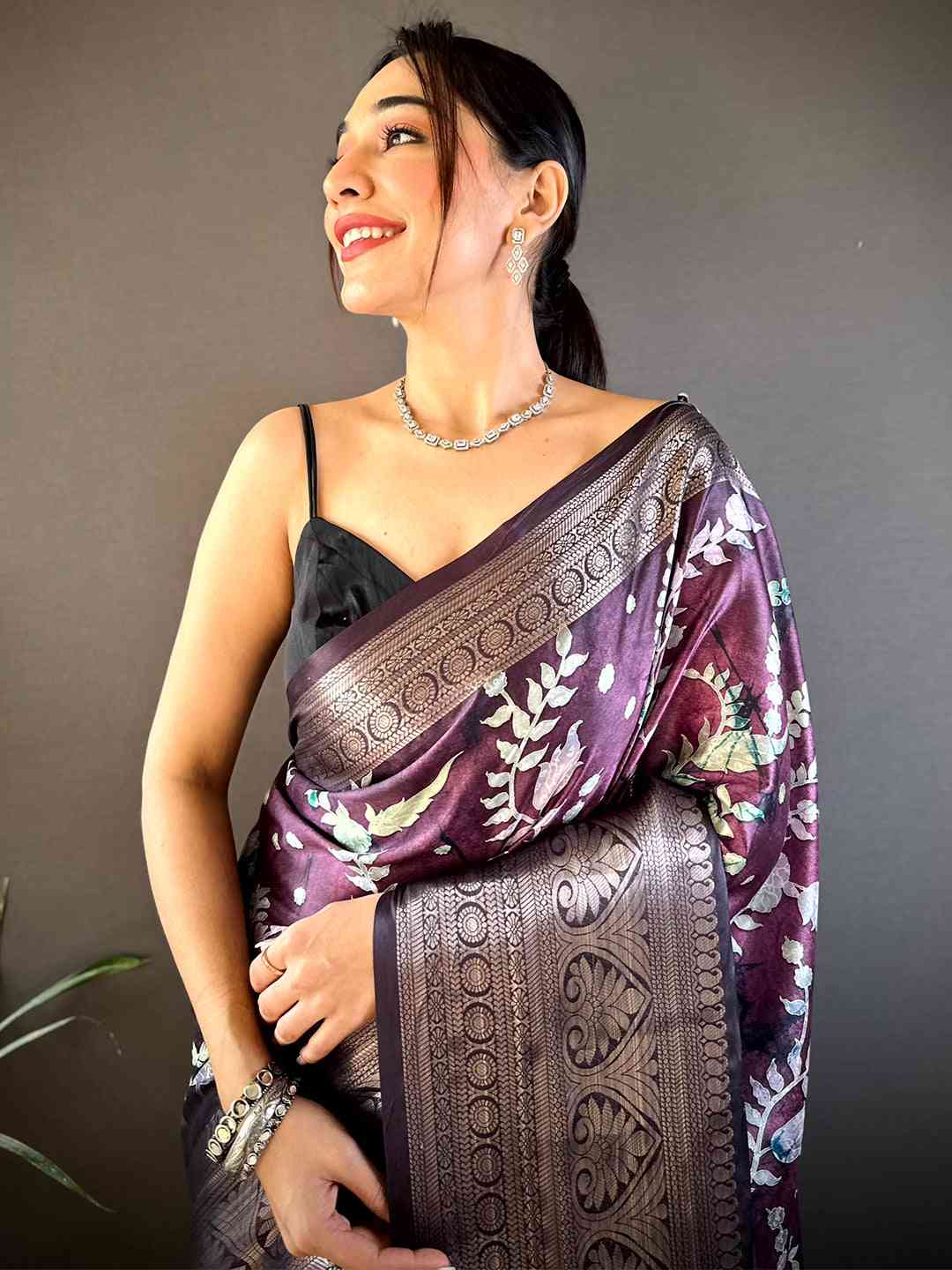 Lavender Floral Animal Batik Soft Silk Saree by My Store