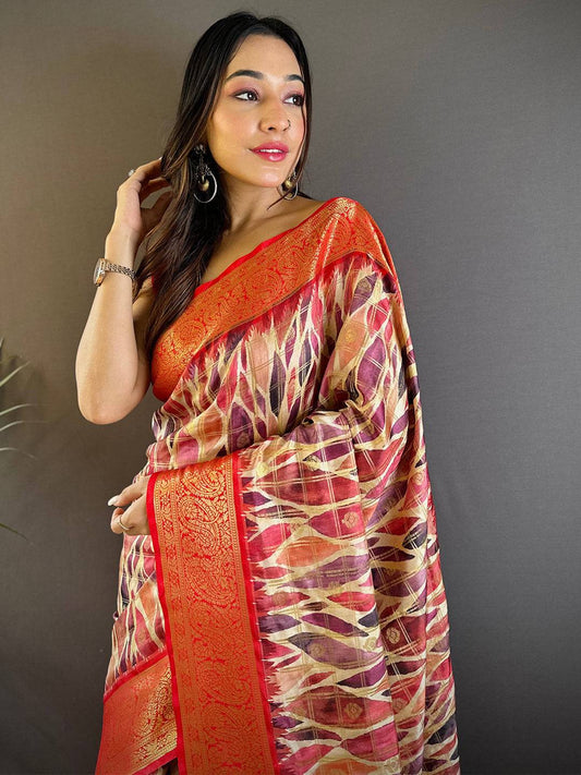 Red Kovai Rettapet Border Geometric Saree by My Store