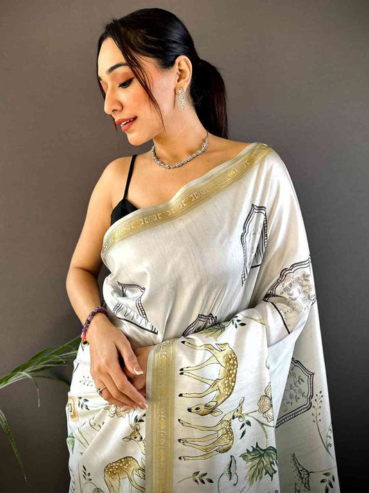 Green Forest Phulkari Kalamkari Print Saree by My Store